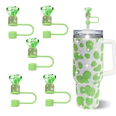 Imagem de JIASHEBDE Conjunto de 5 peças de cobertura de canudo de diamante brilhante, topo de palha de strass duplo para copos Stanley de 30 e 1,134 g, acessórios de tampa de 1 cm para canudos de 10 mm (verde