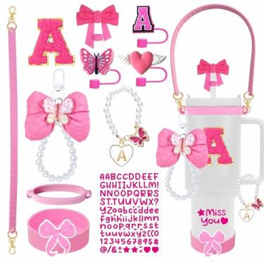Imagem de Conjunto de 11 peças de acessórios para copo Stanley, incluindo alça de alça, bota de silicone, chaveiro, capas de palha, adesivos de letras para copo de 850 g 1,134 g, presente ideal (A, rosa)