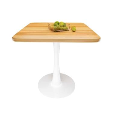 Imagem de Mesa de jantar quadrada de 59,9 cm com base de pedestal de metal branco – Mesa moderna de bistrô pequena de meados do século para café, restaurante, escritório e uso doméstico – Mesa pequena comercial