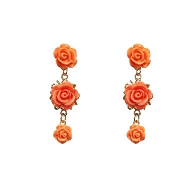 Imagem de YUNXI Brincos femininos com pingente de flor de rosa vermelha com borla longa, Large, Resina, Sem pedra preciosa