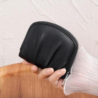 Imagem de Carteira feminina de couro plissado macio com zíper zero carteiras com compartimentos para cartões, impermeável, bolsa de grande capacidade, Preto, Tendência