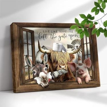 Imagem de Bawpkn Arte de parede de banheiro Highland Cow arte de parede animal engraçado casa de fazenda rústica porco burro vaca highland pintura vintage decoração de banheiro arte de parede 40.6 cm x 50.8 cm