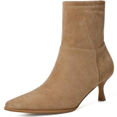 Imagem de RIBONGZ Botas de tornozelo femininas salto agulha gatinho sexy cowgirl botas de vaqueira com zíper lateral bico fino salto baixo elegante outono cano médio curto moda inverno couro ou camurça trabalho