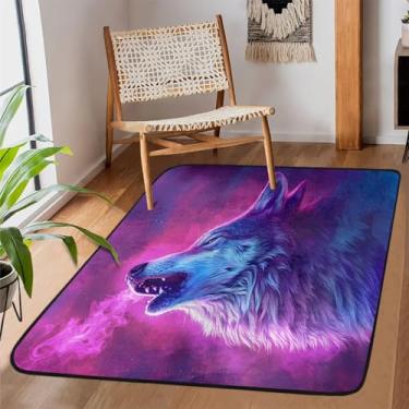 Imagem de Tapete de área para sala de estar, lavável à máquina, lobo animal, roxo, antiderrapante, tapete macio para sala de estar, quarto, sala de jantar, berçário, cozinha, decoração de casa