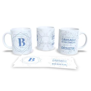 Imagem de Caneca de Cerâmica Personalizada com Monograma e Frase Motivacional, Mármore Branco e Azul, 325ml, Design Geométrico (b)