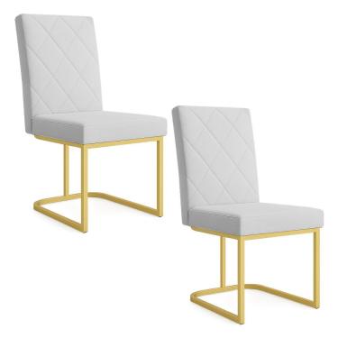 Imagem de Kit 02 Cadeiras De Jantar Estofada Siena Linho Base De Ferro Dourada - Pallazio Cor Cinza