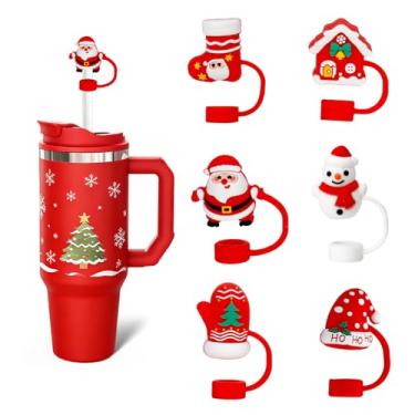 Imagem de LmashRbaiw 6 peças de topos de palha de Natal para copos Stanley, tampa de palha para copo Stanley, presentes de Natal para professores de enfermeira, bonés de silicone fofos de Papai Noel