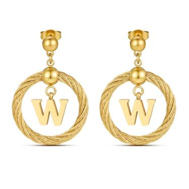 Imagem de Xiacheng Brincos de argola de ouro 18 quilates com inicial de aço inoxidável, hipoalergênicos, presentes modernos para mulheres, declaração delicada, pingente de letra A-Z, joia à prova d'água, Medium