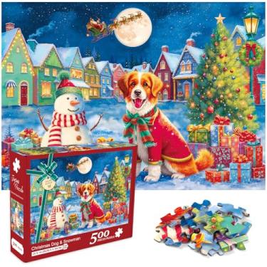 Imagem de crowm Quebra-cabeça de 500 peças para adultos, cenas de inverno, Natal, cachorro e boneco de neve, presente desafiador, perfeito para decoração de casa festiva