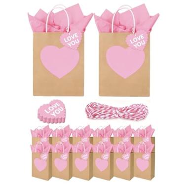 Imagem de JarThenaAMCS 24 peças de sacos de presente de papel kraft de dia dos namorados rosa sacos de lembrancinha de festa com alças etiquetas e papel de seda para presente de aniversário de casamento