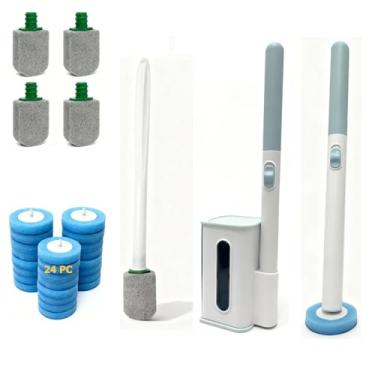 Imagem de Kit de limpeza de vaso sanitário 2 em 1: escova de vaso sanitário descartável com 24 refis e esfregão de pedra-pomes com 4 pedras. Suporte de parede, limpeza sem toque para vaso sanitário, pia