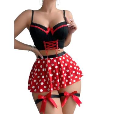 Imagem de Stiehiok Lingerie de cosplay para mulheres, fantasias de dramatização, roupas de princesa com saia plissada, conjuntos de 5 peças, Top preto e saia de bolinhas, M