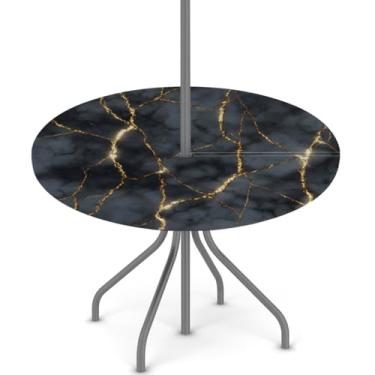 Imagem de Toalha de mesa para uso ao ar livre com orifício para guarda-chuva, toalha de mesa redonda de mármore preto com zíper oculto, capa de mesa de piquenique elástica para acampamento, para pátio, jardim