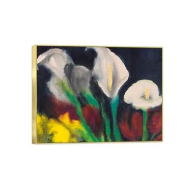 Imagem de BMZFYBS Pintura de arte de parede de flores - imagem de decoração vintage - lírios de calla brancos - impressões em tela com moldura dourada para sala de estar 90 x 117 cm 35 x 46 pol