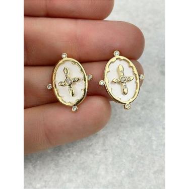 Imagem de Brinco Oval com Cruz e Zircônia - Banho de Ouro com Verniz Italiano - 