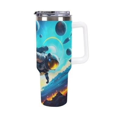 Imagem de Copo de carro de grande capacidade de 1,134 g Copo Stanley Astronauta Planeta Viagem Espacial Aço Inoxidável Isolado a Vácuo Copo de Café Selado para Porta-Copos de Carro e Exterior À Prova de