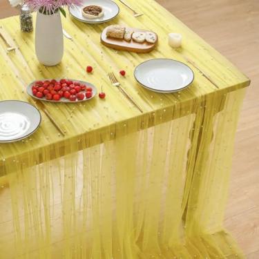 Imagem de Horaldaily Toalha de mesa de gaze amarela pálida pérola branca 152 × 213 cm, retangular, primavera, verão, tule, renda, gaze, toalha de mesa de chá de noiva para decoração de mesa de aniversário de