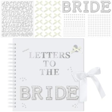 Imagem de Fuyoooo Livro de recortes de 25,4 x 25,4 cm Letras para a Noiva Livro de Memórias de Casamento DIY Papel em Branco Álbum de Fotos Placa de Livro de Visitas com Adesivos de Pérola, Letras Metálicas e