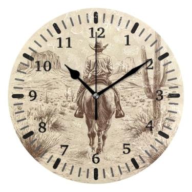 Imagem de CEBUGI Relógio de parede de montaria cowboy operado por bateria relógios redondos silenciosos sem tique-taque relógios de parede para cozinha, banheiro, quarto, escritório, decoração 25,4 cm