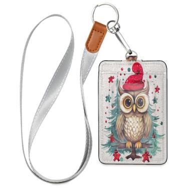 Imagem de Wassud Coruja fofa com chapéu de Natal cordões de couro PU para crachás de identificação, porta-chaves, porta-crachás, cartões de crédito para escritórios, funcionários estudantes, funcionários