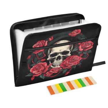 Imagem de Wassud Crânio com rosas vermelhas, 13 bolsos, organizador de arquivos sanfonados, pastas expansíveis com abas e adesivos, organizador de pastas de documentos de recibo de papel tamanho carta A4 para
