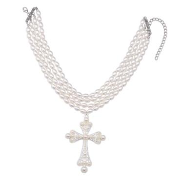 Imagem de Colar grande com cruz de pérola dourada Y2k gargantilha de contas barroca com pingente de cruz de ouro grosso para mulheres, one size, Zinco, Sem Pedra Preciosa