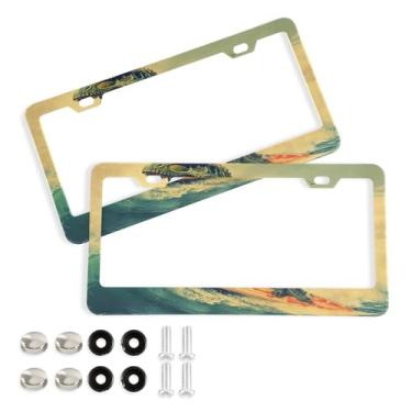 Imagem de Wassud Moldura de placa de carro de dinossauro surfe com parafusos, 2 pacotes de molduras decorativas de etiqueta de carro de alumínio, acessórios universais de carro para mulheres e homens