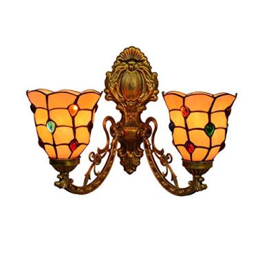 Imagem de Arandela de parede com 2 braços, estilo Tiffany, mediterrâneo, com cúpula de vitral vintage de 15 cm (6 polegadas), ideal para quarto, sala de estar, corredor e varanda, E27,A