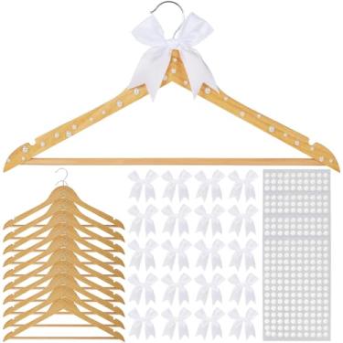 Imagem de Cabides de dama de honra faça-você-mesmo para vestido de noiva, noivo, laço de pérola, cabide de noiva, elegante cabide de madeira para chá de panela, foto de smoking, presente de festa de casamento