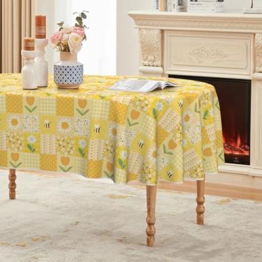 Imagem de Horaldaily Toalha de mesa de primavera 152 × 213 cm, oval, bolinhas, xadrez, margarida, tulipas amarelas, lavável, para decoração de festa, piquenique, jantar