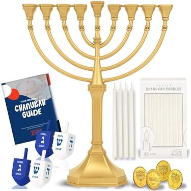 Imagem de Value Complete Menorah Kit - Vela tradicional Grace Hanukkah Menorá com 44 velas de Chanucá, 4 Dreidels. Guia do manual do Chanukkah um saco de gelt de chocolate (ouro acetinado)
