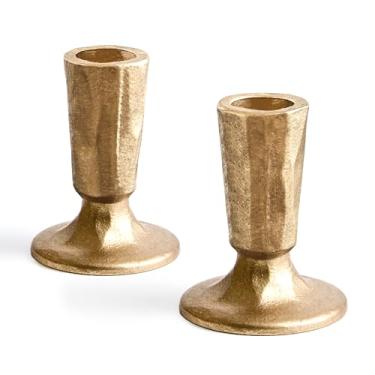 Imagem de Conjunto de 2 castiçais de ferro fundido, castiçais decorativos de latão antigo, castiçais cônicos, conjunto alto para casamento, férias, decoração de casa, decoração de Natal (ouro)