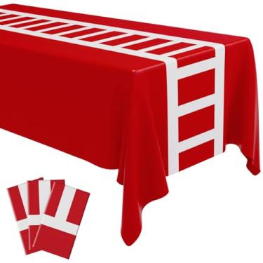 Imagem de Oudain Toalha de mesa retangular de plástico descartável com 3 peças para bombeiros, pista de corrida de estrada, carro, decoração de festa de aniversário (branco e vermelho)