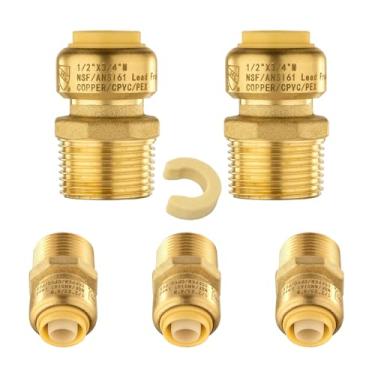 Imagem de 5 peças Niikappu Push Fit 1/5.1 cm x 3/10.2 cm adaptadores macho de latão com clipe de desconexão para conectar tubos PEX, cobre, CPVC