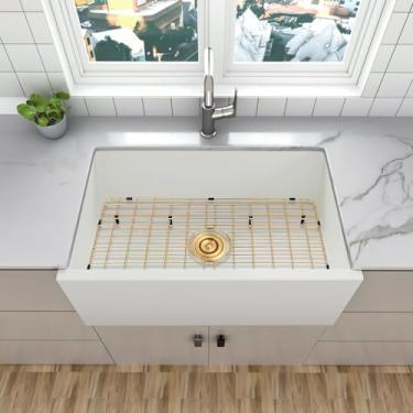 Imagem de Monsinta Pia de cozinha branca de fazenda, pias de cozinha compostas de granito com acessórios, pias de cozinha de montagem inferior de 81 cm, 81 x 50 x 9 cm, pia de fazenda branca grande e profunda