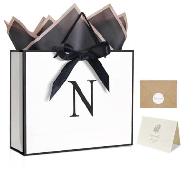Imagem de Bolsa de embrulho de presente com monograma, bolsa de papel com inicial personalizada com adesivo de envelope correspondente, fita de laço e tecido de embrulho, presentes de aniversário para mulheres