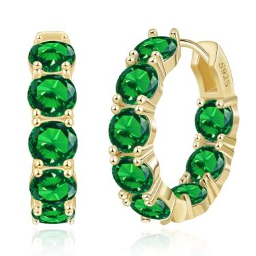 Imagem de FSLEAD Brincos de argola banhados a ouro 14K para mulheres, brincos de argola prateados de zircônia cúbica pequenos CZ brincos de argola internos e externos transparentes, rosa choque, preto, vermelho