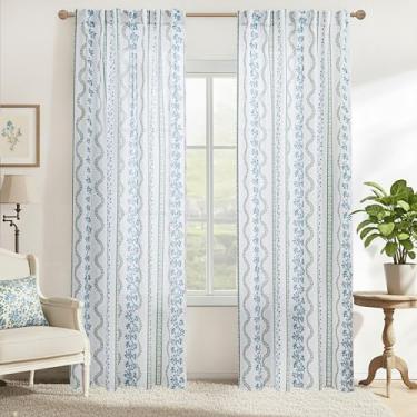 Imagem de Cortinas florais boêmias para sala de estar, cortinas transparentes de linho boho para quarto 213 cm de comprimento, azul-petróleo e verde