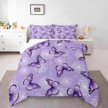 Imagem de Erosebridal Conjunto de edredom completo de borboleta, romântico, borboletas, roxas, desenho animado, fogos de artifício, jardim, animais voadores, conjunto de colcha com 3 peças com 2 fronhas