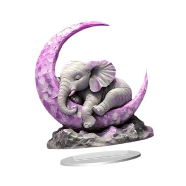 Imagem de Fenteer Placa de mesa em acrílico 2D com elefante dormindo na lua, arte para sala de estar.