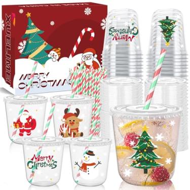 Imagem de Xuelimei Copos de plástico descartáveis de Natal de 340 g com tampas e canudos - Árvore de Natal, Papai Noel, Rena, Bebidas, Bebidas Frias de Neve, Café, Cerveja, Bebidas, Sorvete, Copos para Artigos