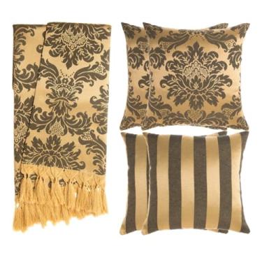 Imagem de Kit Manta para Sofá Jacquard 1.8x1.4m + 4 Capas de Almofada 45x45cm - Conjunto Protetor e Decorativo com Franjas Artesanais(Preto e Dourado 71)