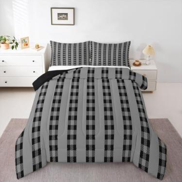 Imagem de jejeloiu Conjunto de cama xadrez preto macio para meninos e meninas, conjunto de edredom queen quadriculado, quadriculado, geométrico, decoração de quarto, 3 peças com 2 fronhas