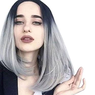 Imagem de Cryfokt Peruca Feminina Sintética Longa e Elegante para Namoro, Peruca Gradiente Preta Fofa para Mulheres Com Rede de Cabelo Com Divisão Intermediária, Adequada para Cosplay, 13,78 pol.