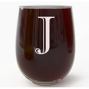 Imagem de Taça de vinho sem haste gravada com monograma de 482 g (letra J) A-Z Presentes personalizados para mulheres, taças de vinho personalizadas, presente de aniversário com monograma para ela inicial