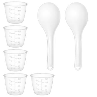 Imagem de 5 peças de copo medidor de arroz transparente de plástico e 2 pacotes de pá de arroz, copos de arroz 160 ml, copos medidores de 3/4 xícaras resistentes ao calor, colher de arroz antiaderente para