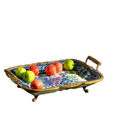 Imagem de fruteira cesta Prato de frutas retangular retrô cerâmica tigela de frutas sala de estar sala de jantar decoração de mesa alça dupla orelha prato de frutas bancada