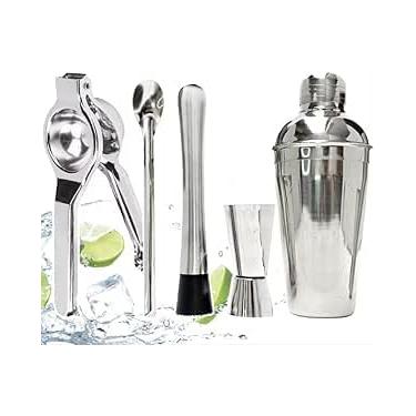 Imagem de Kit Caipirinha Profissional, 750ml, Kit Coqueteleira 5 Peças em Aço Inox, Shaker com Medidor e Acessórios para Bar