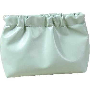 Imagem de Bolsa de cordão de grande capacidade, bolsa de maquiagem de couro sintético macio com detalhes franzidos, fecho de clipe automático para batons/joias/fones de ouvido (1 peça)