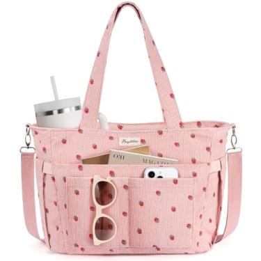 Imagem de Bolsa feminina de veludo cotelê, 17 bolsos, leve, transversal, bíblia, enfermeira, para uso diário, escola, viagem, academia, Morango rosa